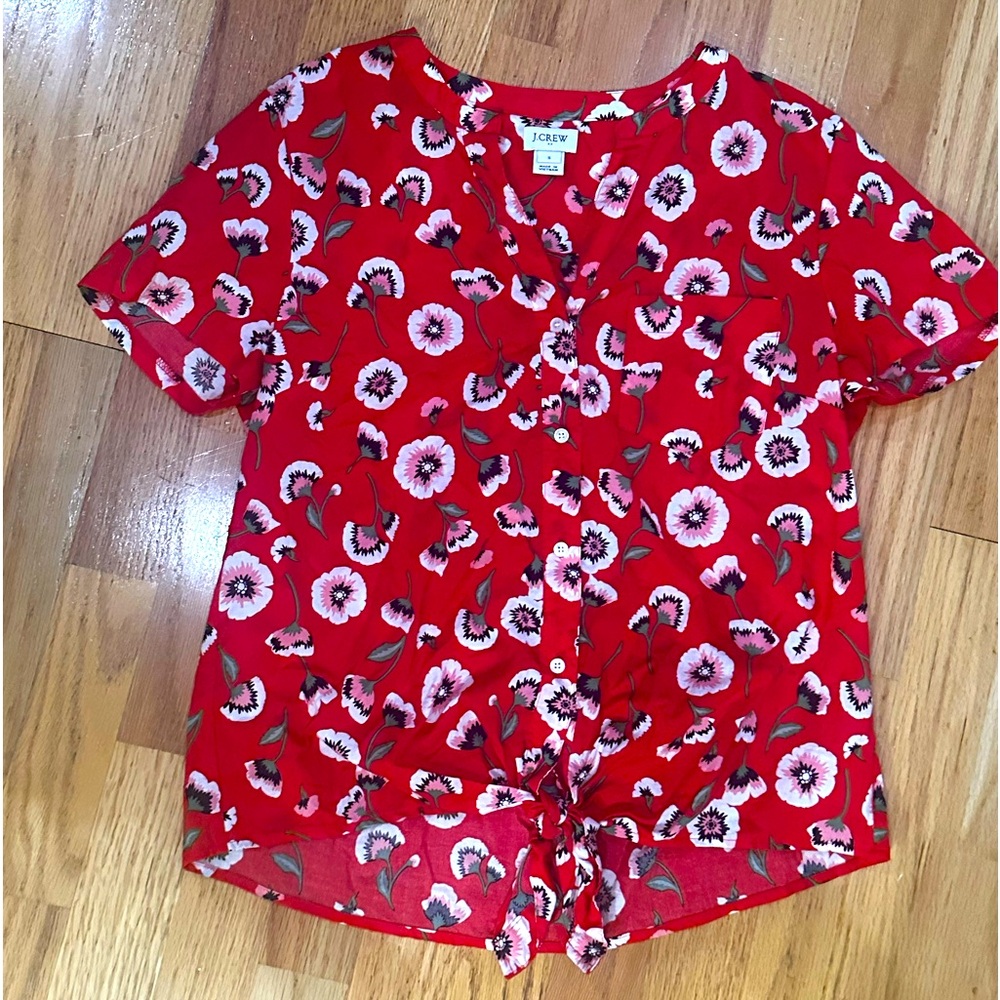 J Crew Red Floral Poppy Tie Front Top Blouse Short Sleeve Small - Picture 2 of 5